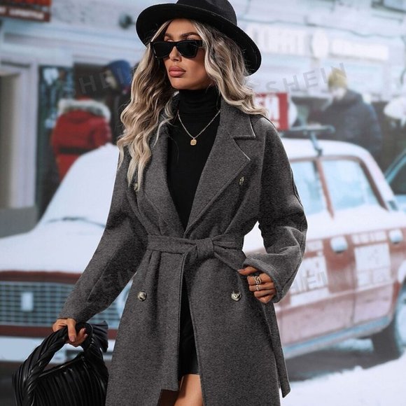 Dark GrayDouble Breasted Belted Overcoat